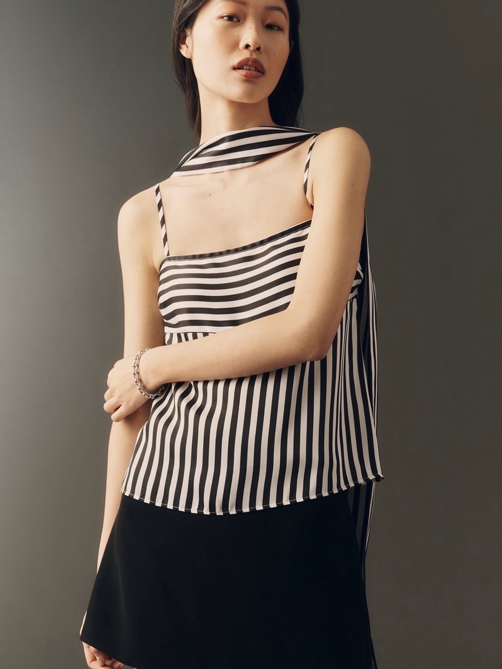 Anthropologie Black & White Striped Satin Cami
